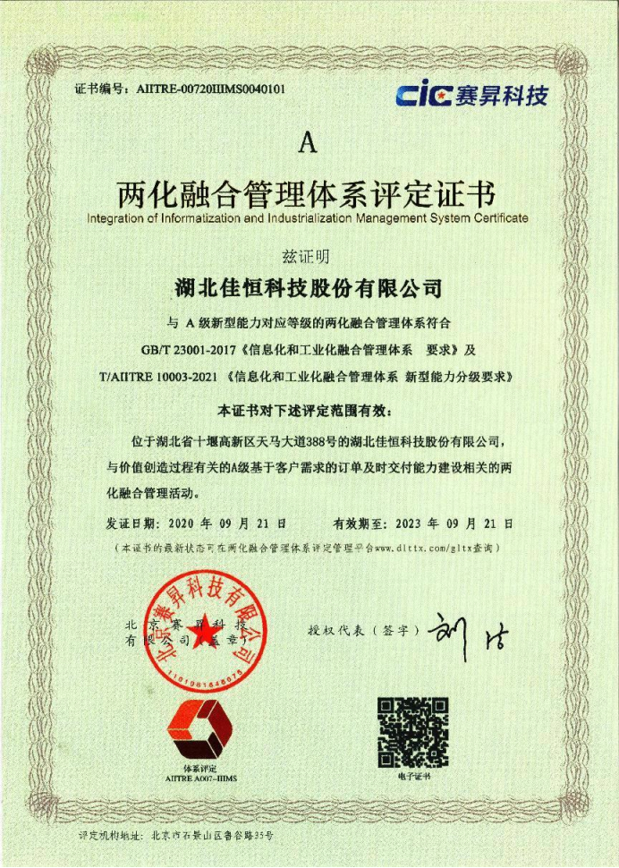 兩化(huà)融合管理體系(xì)評定證(zhèng)書